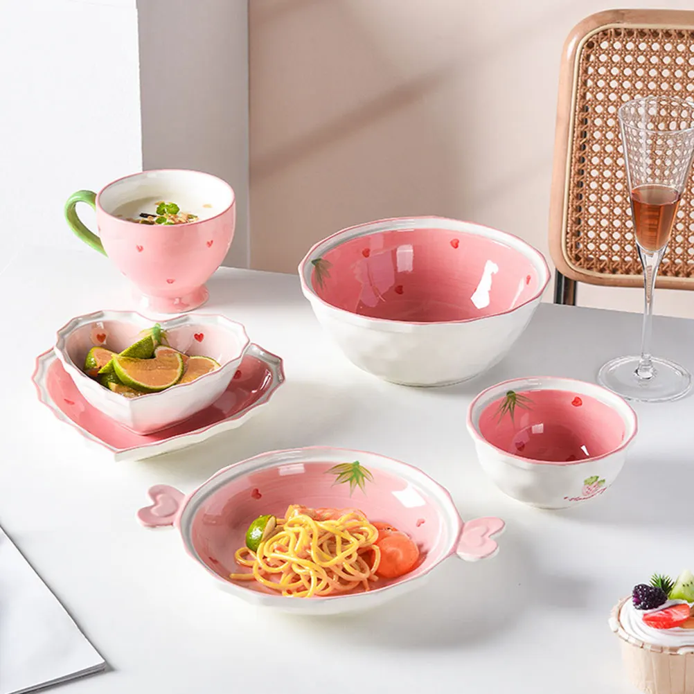

Ceramic Strawberry Bowl Adorable Food Serving Bowl with Spoon Unique Fruit Printed Design Healthy Safe for Home Restaurant Use