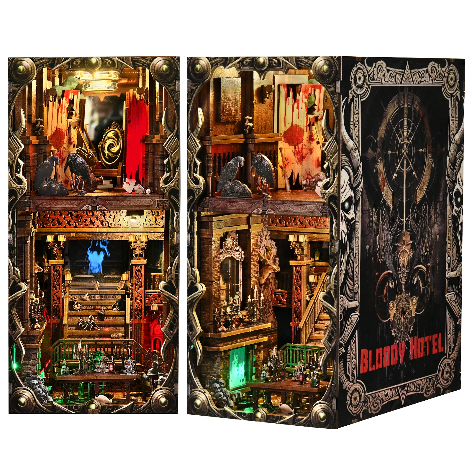 3D DIY Wooden Puzzle Haunted Hotel Book Nook Kit for Halloween Home Decor Ornaments Handmade Bookshelf Dollhouse Model Bookend