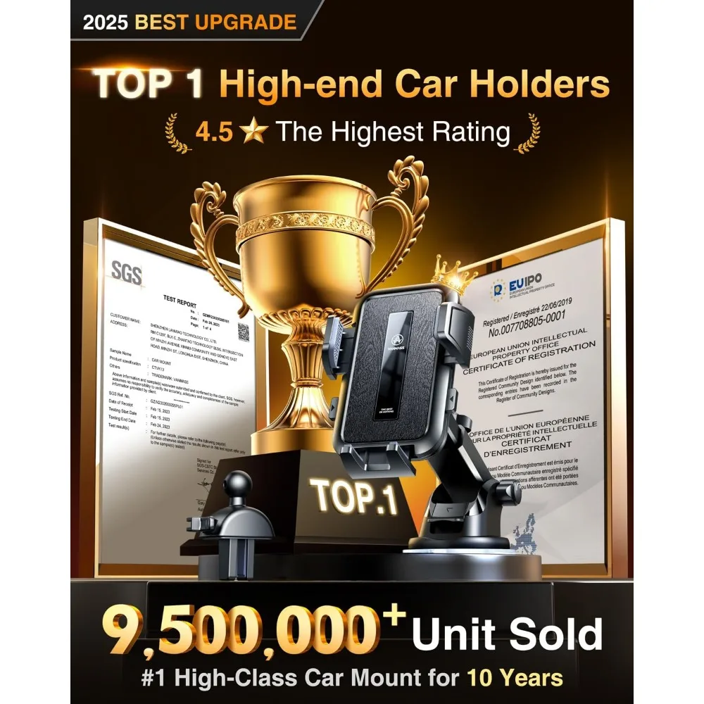 حامل هاتف السيارة المحدث لعام 2025، [85+LBS أقوى شفط] حاصل على براءة اختراع آمنة للهاتف الخلوي على الزجاج الأمامي ولوحة القيادة وفتحة تهوية للشاحنة