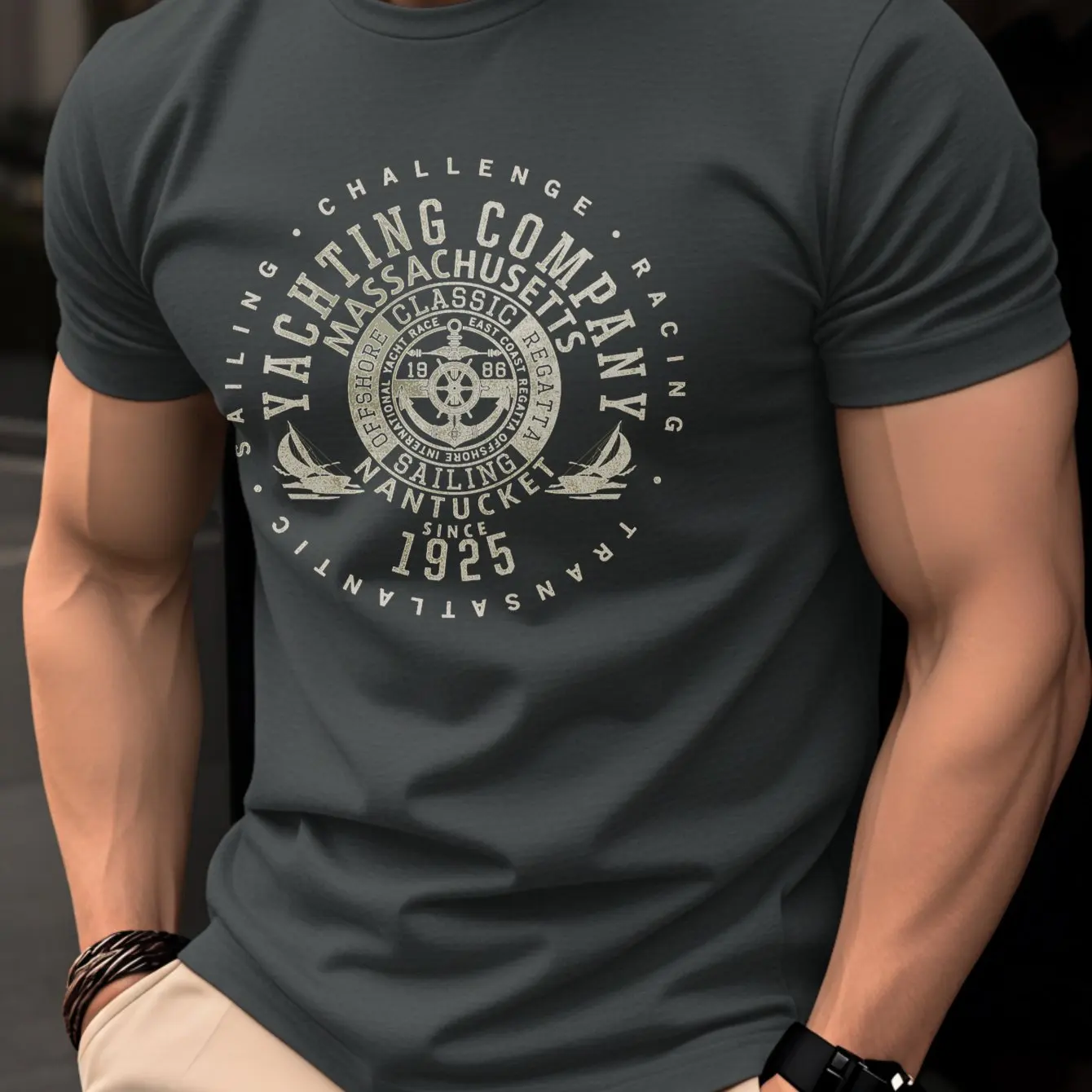 Men Grey O-Neck T-Shirt Vintage Yachting Print, Casual Short Sleeve Cotton Tee, Massachusetts Sailing Streetwear Slim Fit Tops