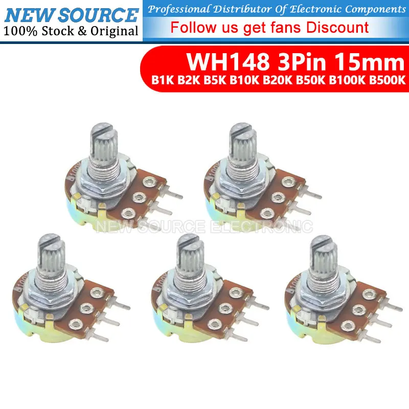 

5pcs WH148 B1K B2K B5K B10K B20K B50K B100K B500K 3Pin 15mm Shaft Amplifier Dual Stereo Potentiometer 1K 2K 5K 10K 50K 100K 500K