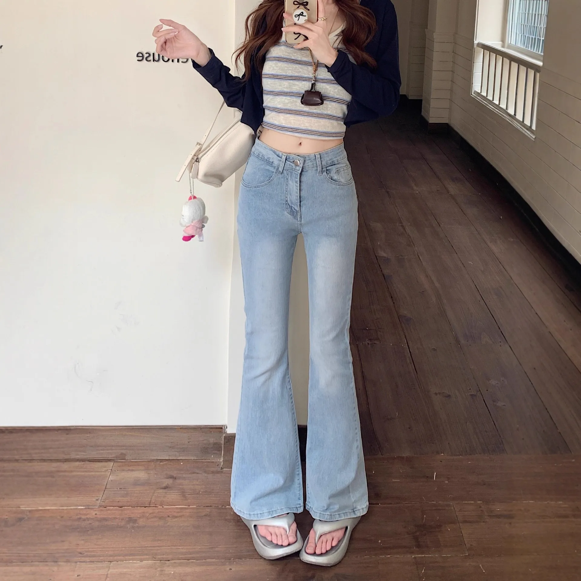 Retro High Waist Slim Fit Women's Jeans Micro Flared Denim Pants Washed out Style Casual Bootcut Long Trousers