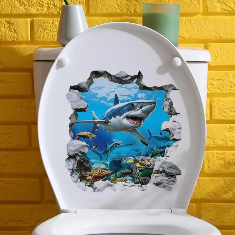 Breaking The Wall Shark Toilet Sticker Bathroom Beach Floor Decal Waterproof Anti Slip Removable Seashore Bathtub Decor