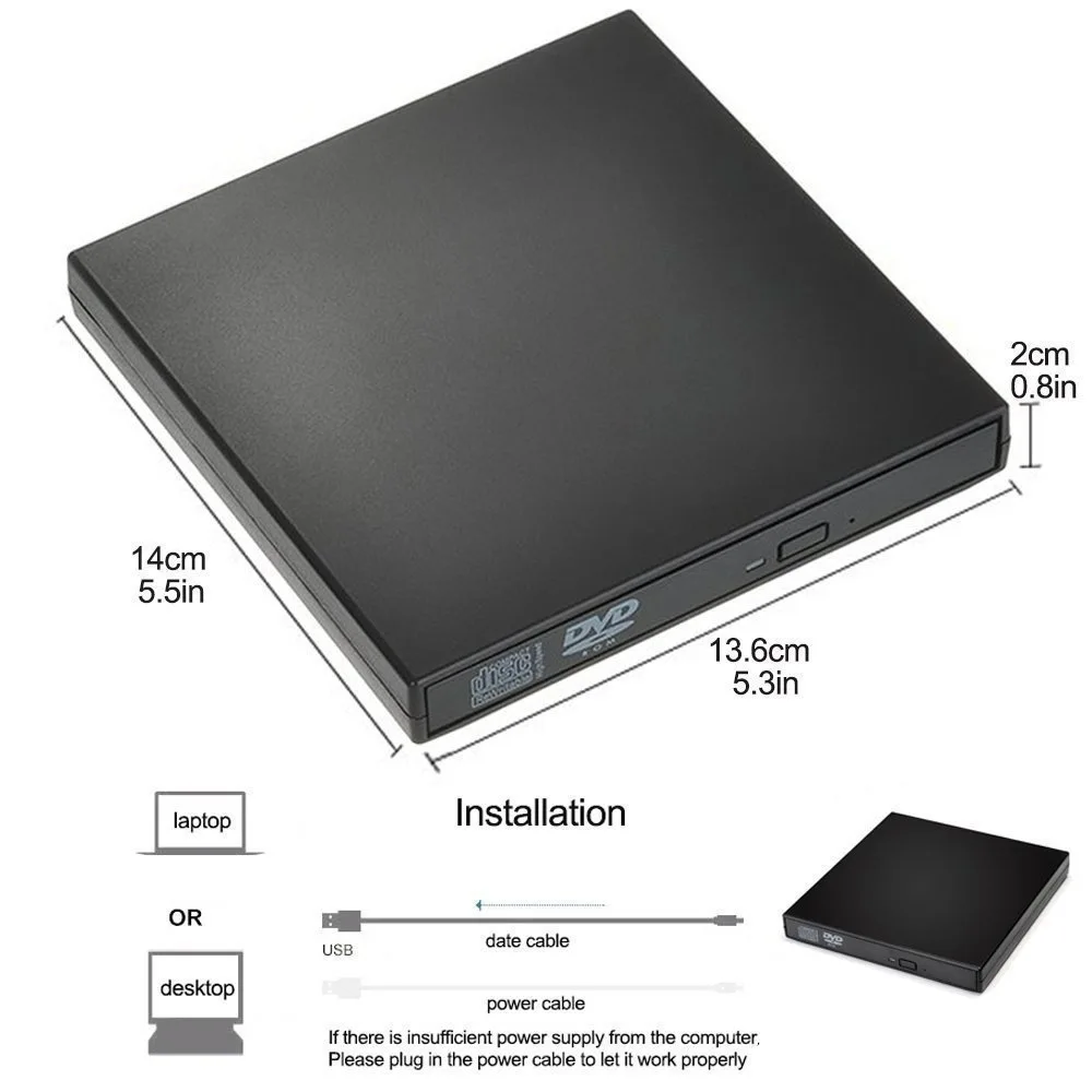 Slim External CD DVD Drive, CD-RW Drive Burner Player para Laptops e PCs Desktop, USB 2.0