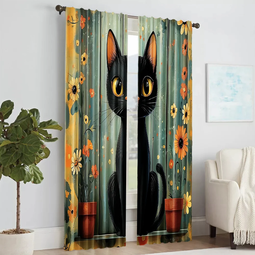 2 pcs, versatile polyester transparent curtains for home decoration Charming Rustic Black Cat & Floral for use in bedrooms and