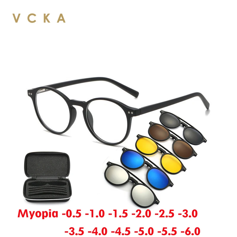 

VCKA 6 In1 Round Magnetic Clip Myopia Sunglasses Polarized Men Women Glasses Frame Optical Prescription Eyewear -0.5 to -6.0