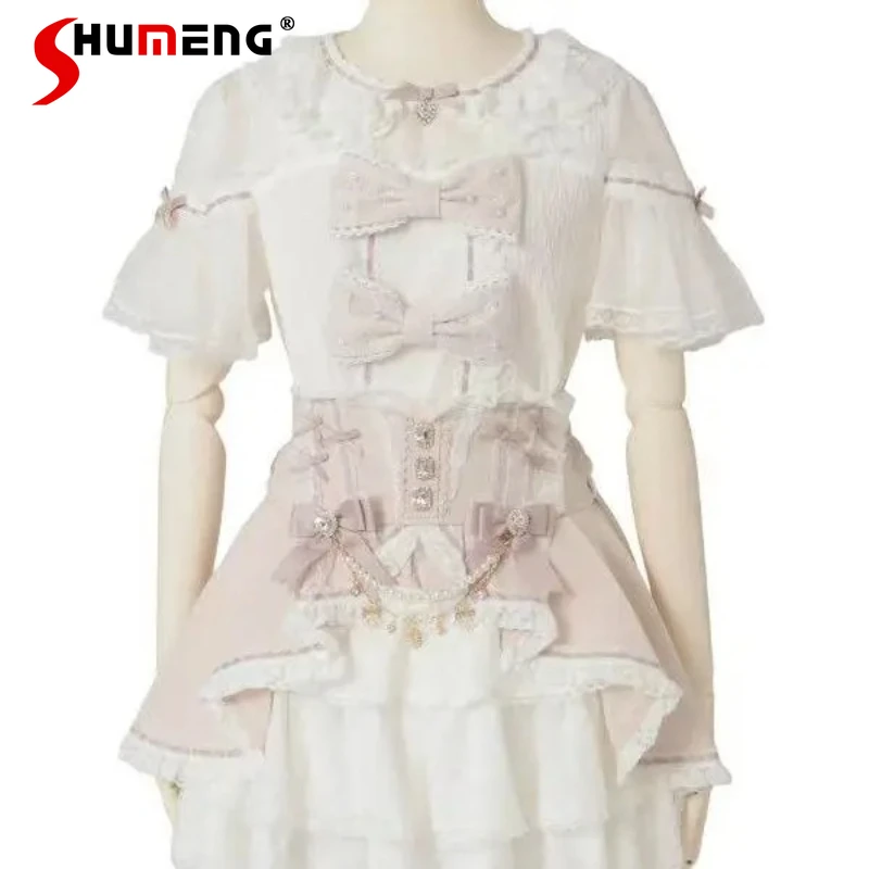 

2025 New Japanese Style Liz Shirt and Skirt Mine Mass-Produced Sweet Big Bow Puff Sleeve Lolita Shirt Woman's High Waist Skirt