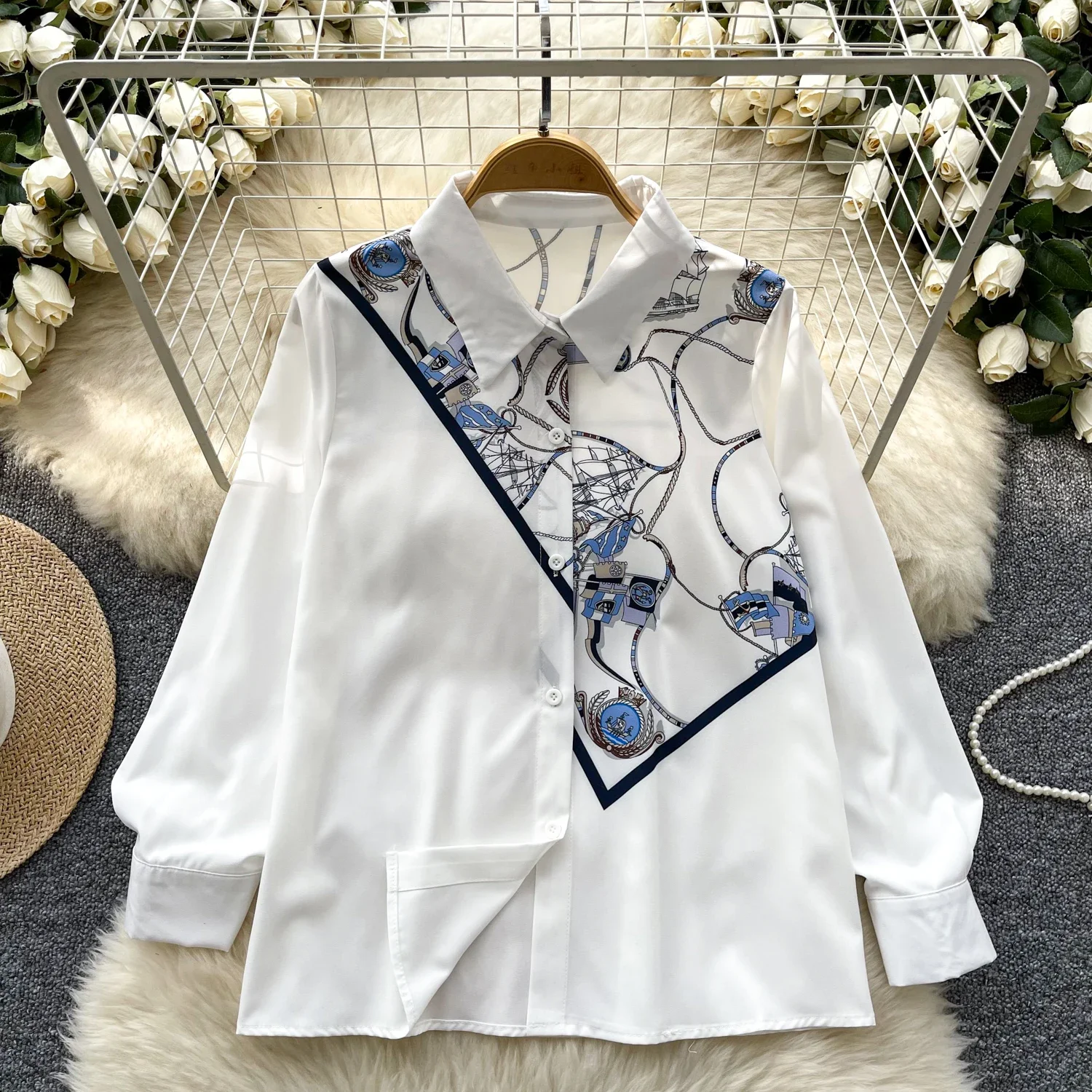 Elegant Polo-neck Vintage Long Sleeve Single Breasted Chic Print Top French Basics Streetwear High Street Autumn Loose Blouse