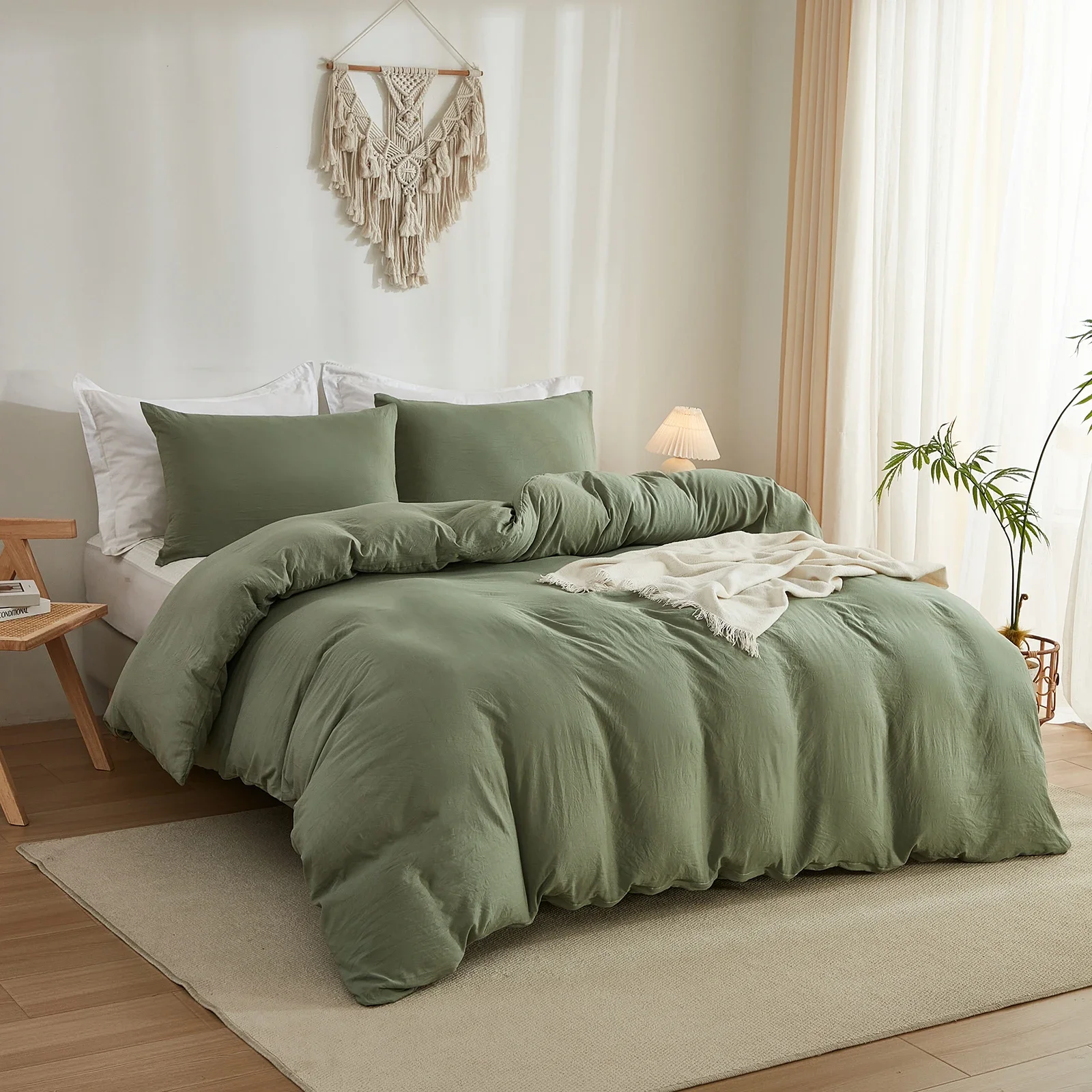 3PCS Green Duvet Cover Set Polyester Fibre Comforter Cover Terylene Bed Set Soft Lightweight Down Bedding Sets for All season