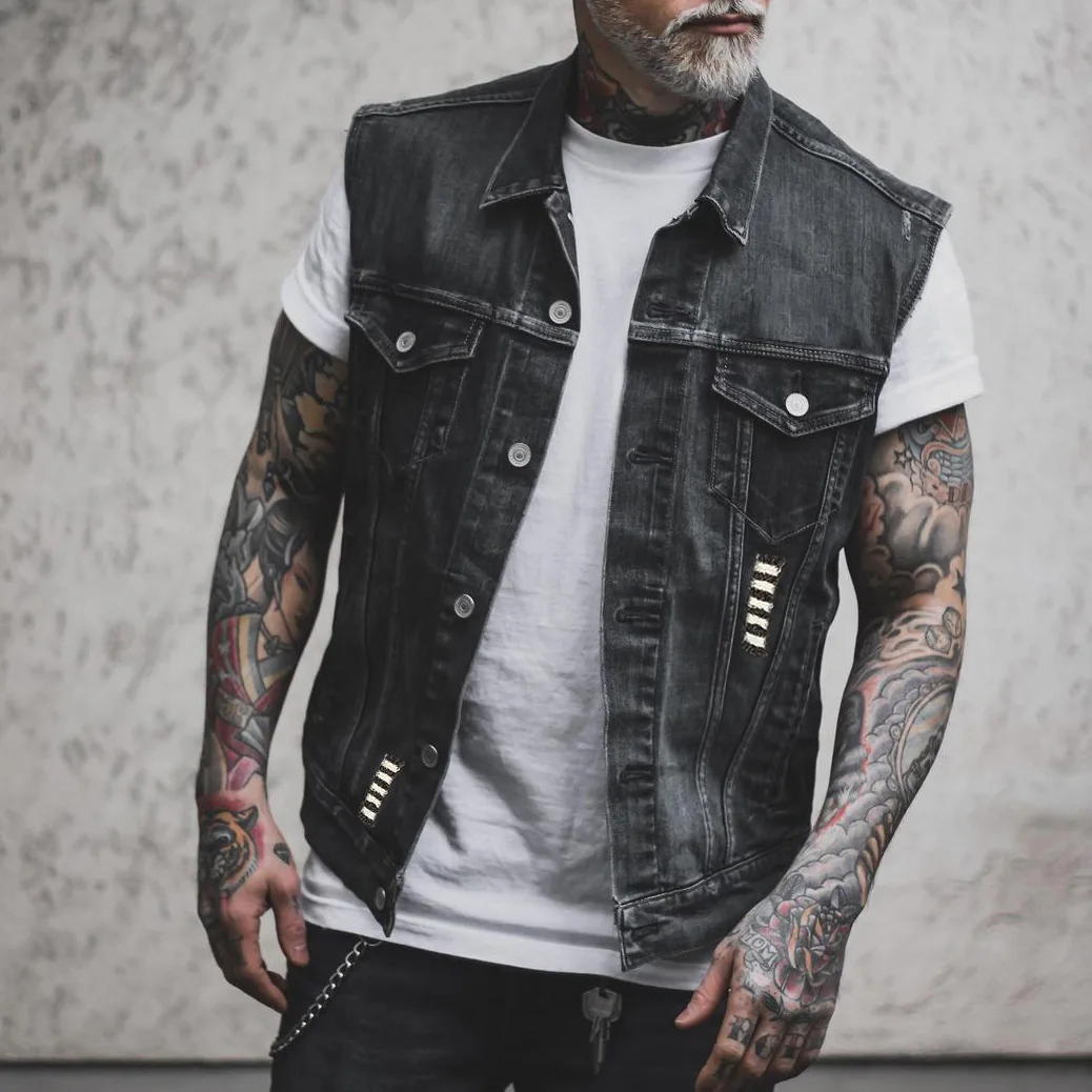 Men\'s Denim Vest 2024 New Skull Print Top Men\'s Tank Top Ropa Hombre Gym Clothing Men Denim Vest Motorcycle Vest Oversized S-6XL