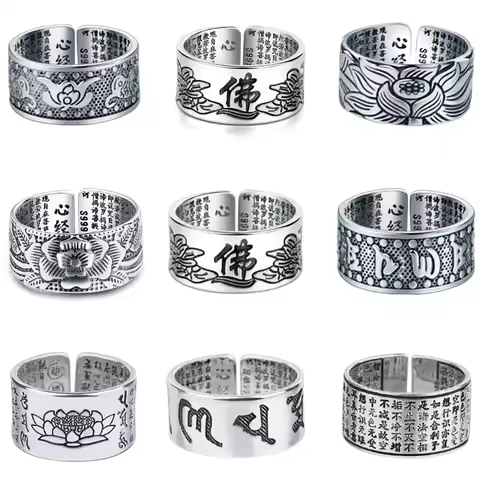 Silver-color Jewelry Lotus Flower Open Ring for Men Male Fashion Free Size Buddhistic Heart Sutra Rings Gifts