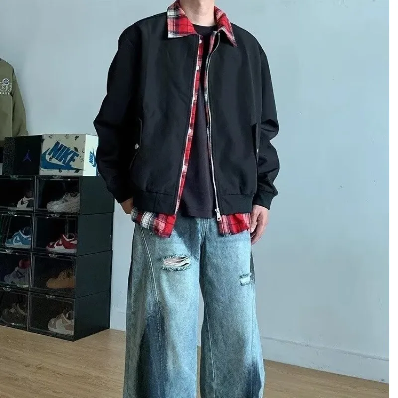 Plaid Patchwork Tooling Jacket Mens New Double Sided Wear Fashion Trend Loose Bomber Coats Harajuku Color Block Male Outwear