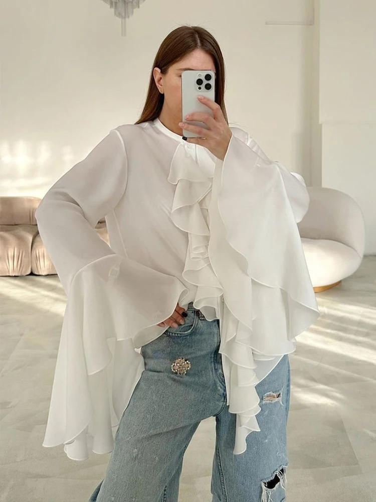 Aynaray Women Autumn Winter 2024 Elegant Ruffles Solid Pink Chiffon Blouse Long Sleeve Shirt For Woman Female