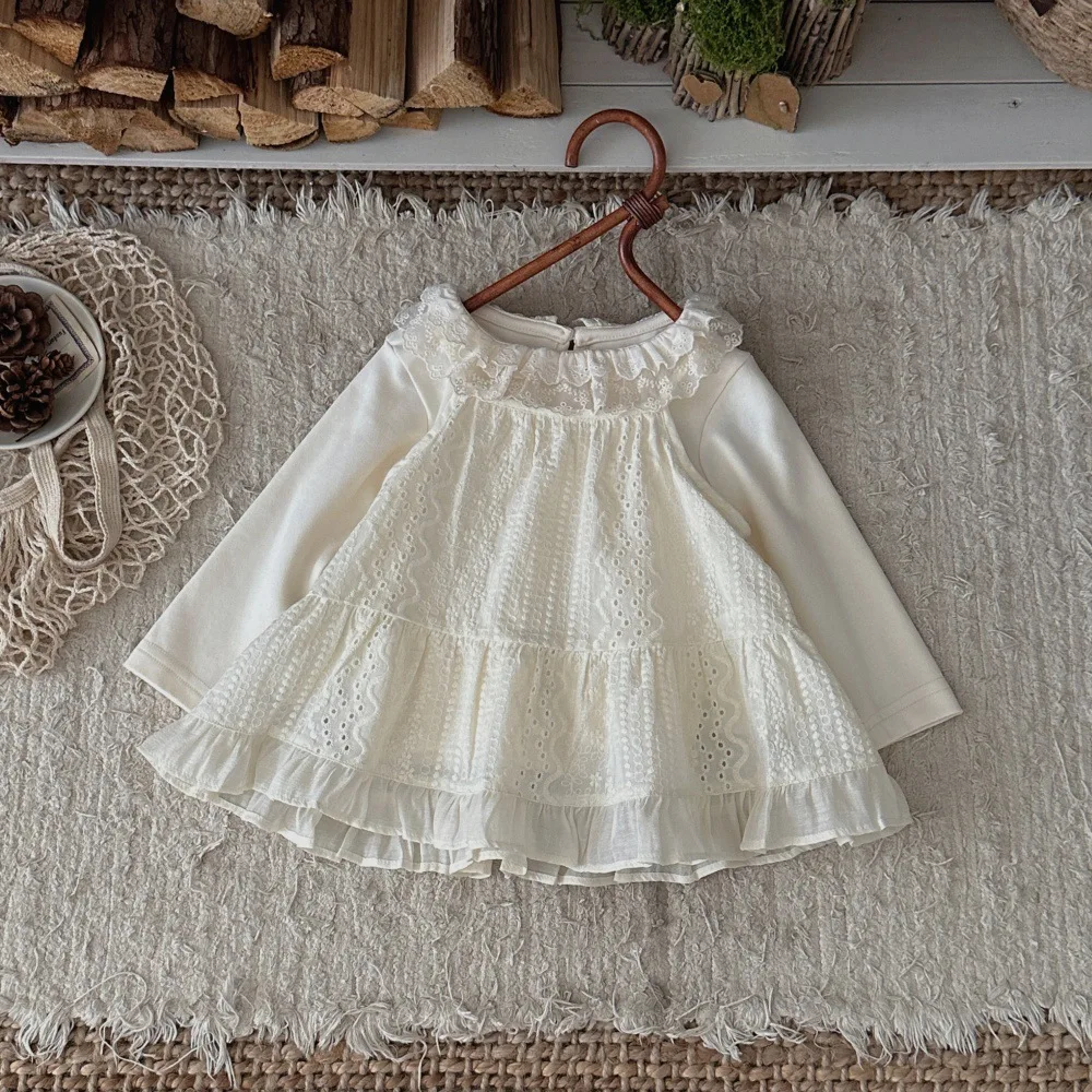 2026 Autumn New Baby Girl Long Sleeve Lace Collar Bottoming Shirts Girls Cotton Tops Solid Infant Toddler Clothes