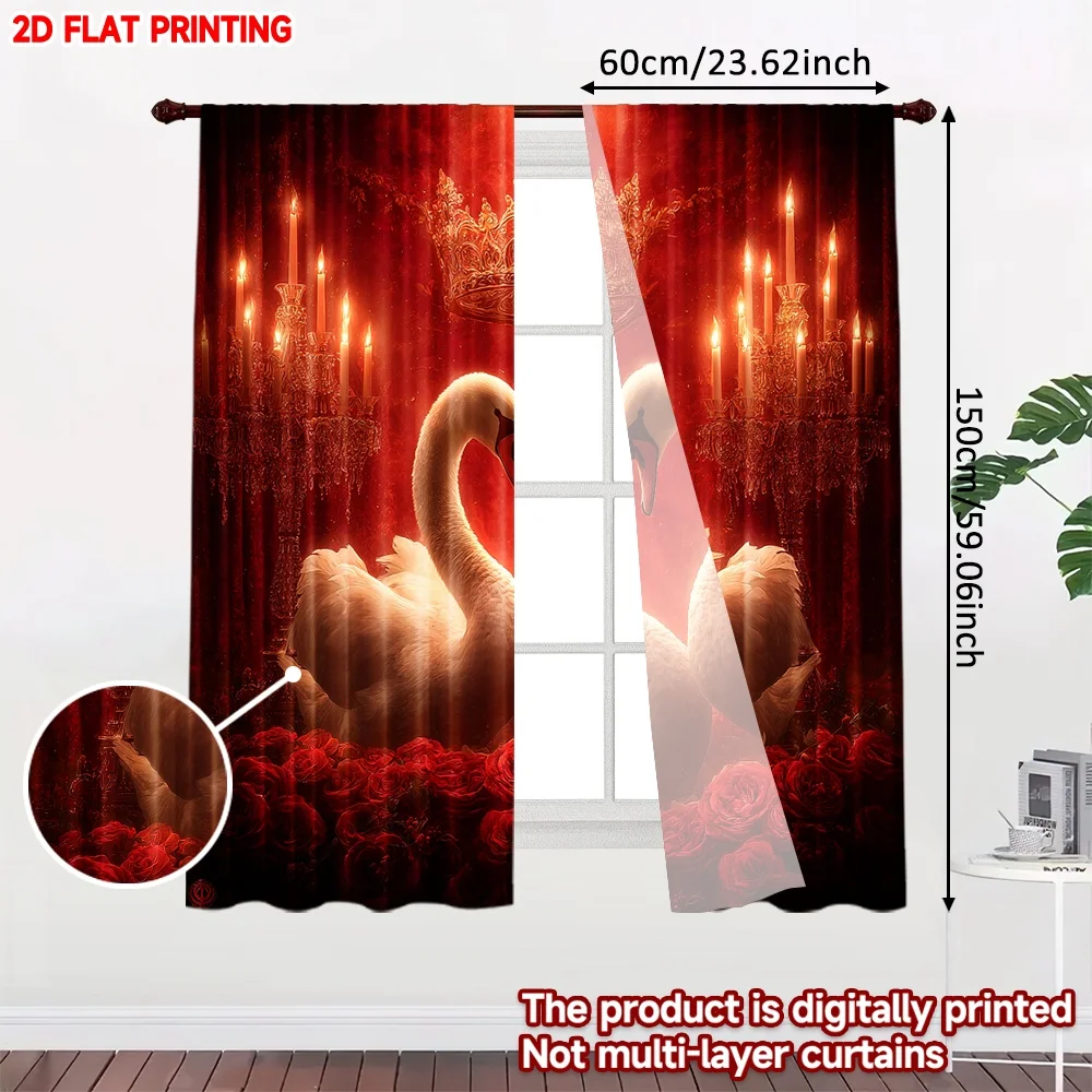 2pcs Swan Love Story Curtains 2D Flat Digital Printing, Romantic White Swans with Red Roses Gold Candles for Bedroom Decor