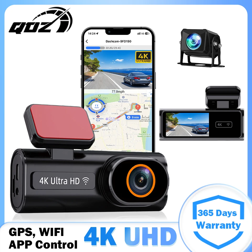 QOZ 4K UHD Dash Cam Dual Channel Dash Car with Super Night Vision Record Car DVR 24H Parking Monitor 5.8Ghz WiFi APP Control