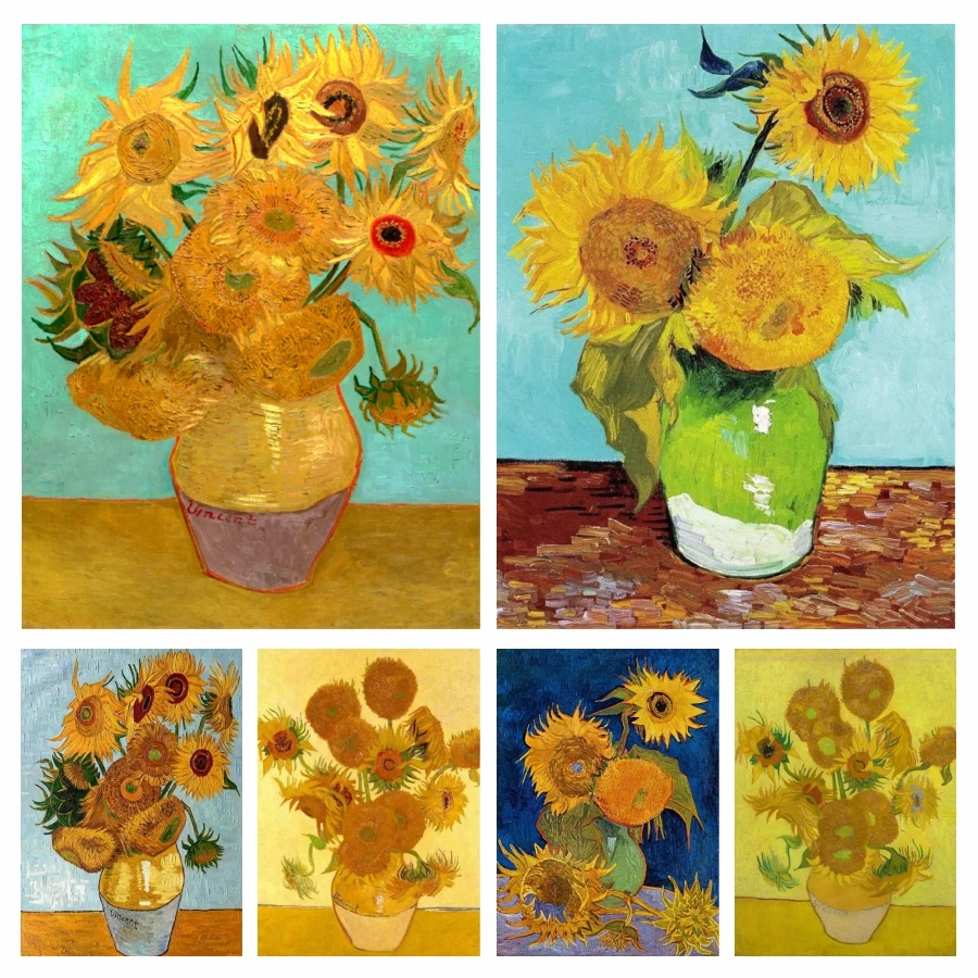 Van Gogh Słynne słoneczniki artystyczne w wazonie 5d Diy Zestawy do malowania diamentami Pełne wiertła Kwiatowy haft krzyżykowy Mozaika do dekoracji