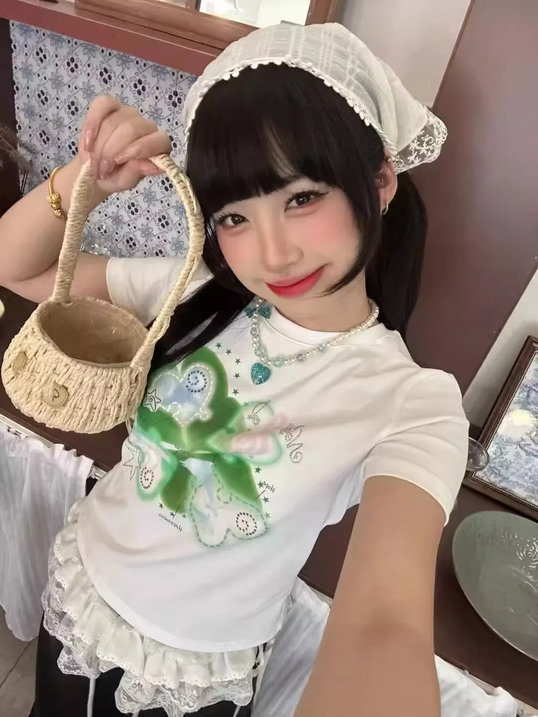 Koreanische Ins Gedruckt Kurzarm Weiß T-shirt Frauen Japanischen Y2k Ästhetischen Slim Fit Crop Top Vintage Süße Casual Tees