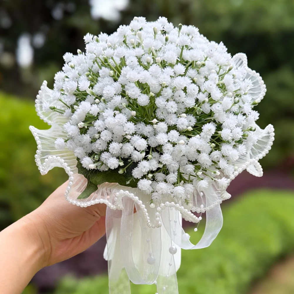 White Gypsophila Wedding Bridal Bridesmaid Bouquet, with Pearl Tulle and Transparent Streamer ,For Weddings Proposal, Confession
