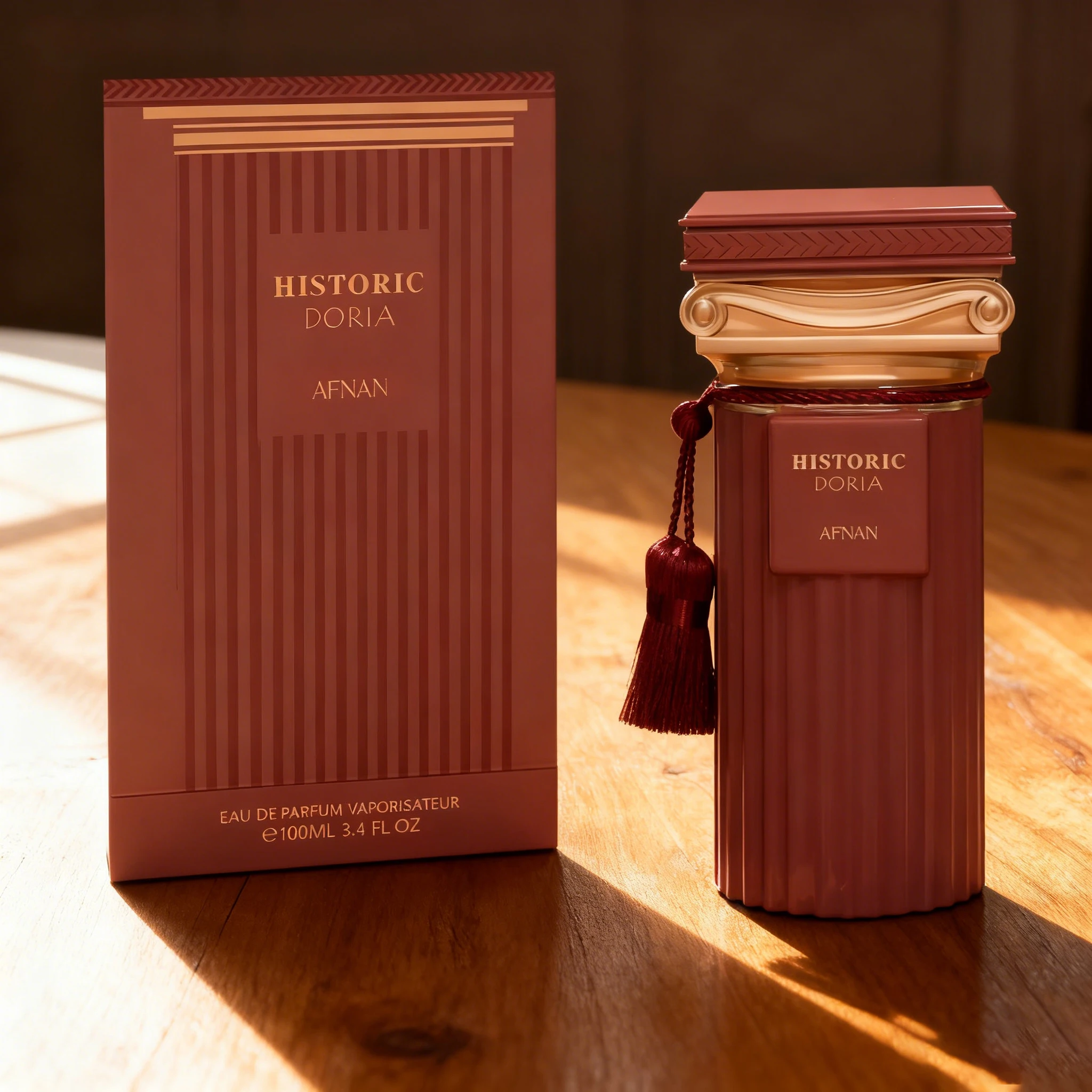 

Afnan History Series Doria 100ml Perfume Spray - Top notes of lemon peel, raspberry (berry), and orange blossom, featuring flora