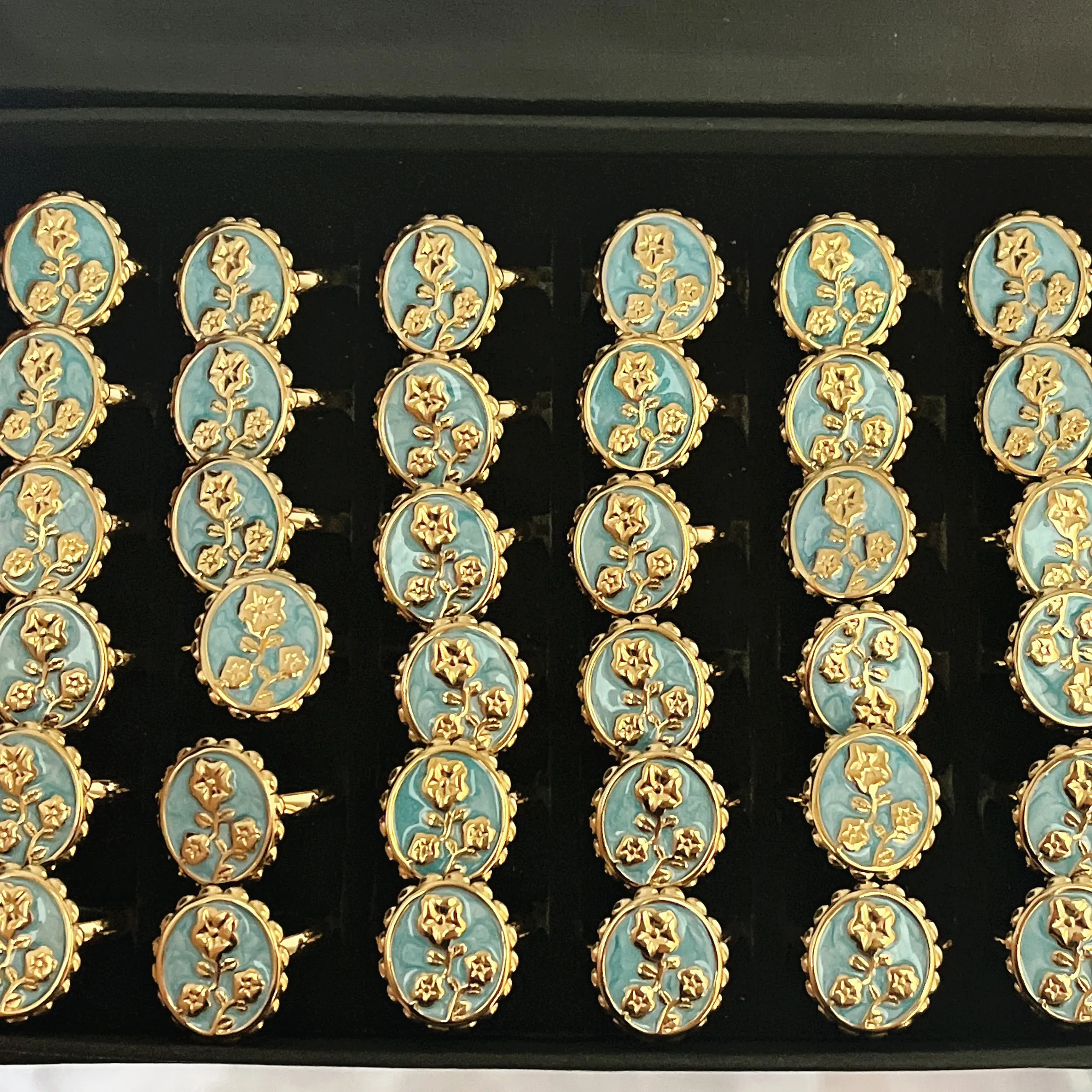 25 قطعة/الوحدة الرجعية البيضاوي الأزرق النفط بالتنقيط الفولاذ المقاوم للصدأ حلقة مفتوحة للنساء-نغمتين النفط روز المحكمة نمط مجوهرات اكسسوارات #4