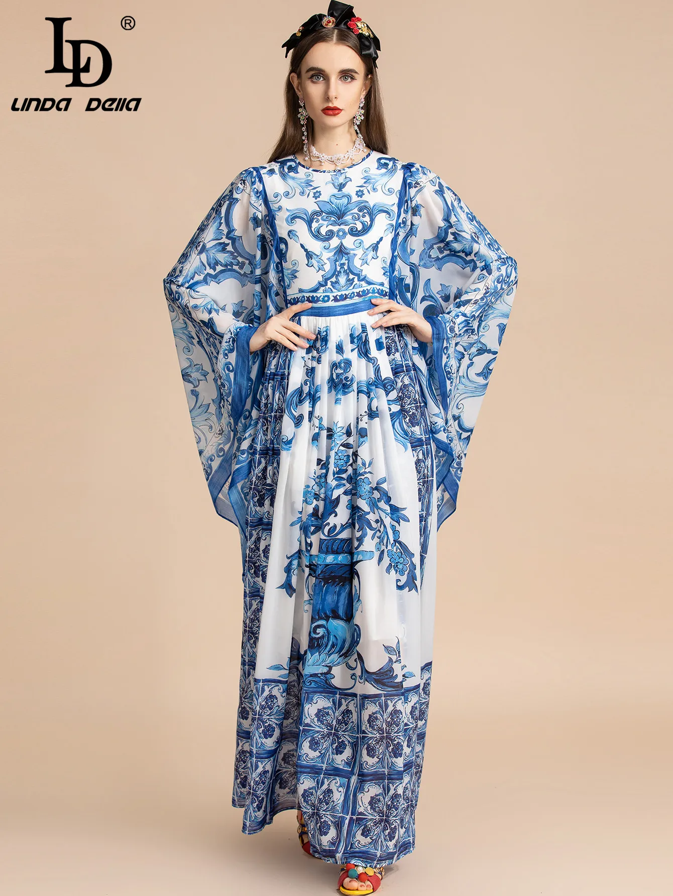 LD LINDA DELLA Fashion Designer Summer Long Dress Women's Blue and White Porcelain Printing Bohemian Vacation Maxi Dresses Robe