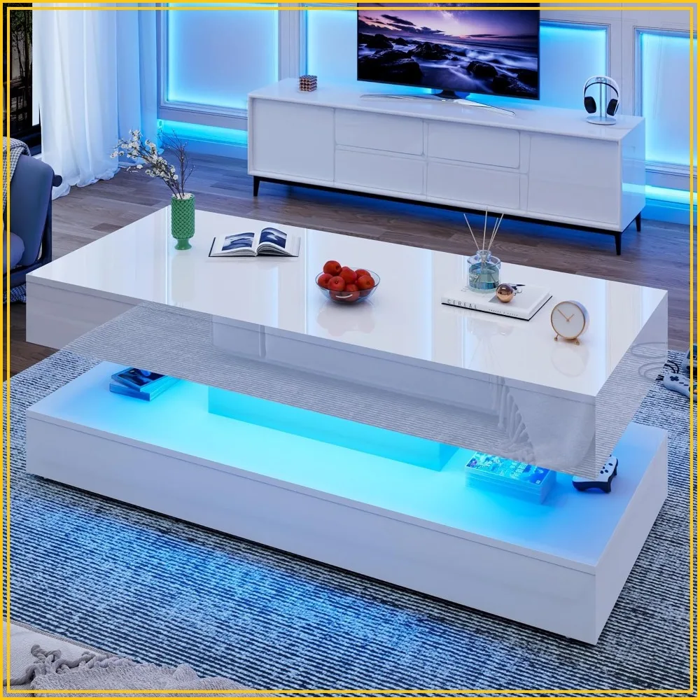 47.3in LED Coffee Table with 2 Storage Drawers High Gloss Black White Modern Living Room App Control