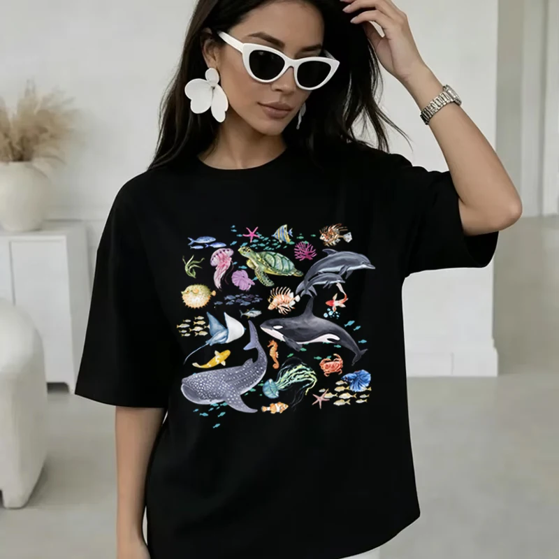 100% Cotton T-shirt for Women Ocean Animals Graphic Casual Top Sea Lovers Harajuku Hip Hop T Shirt New Fashion Girls Clothing