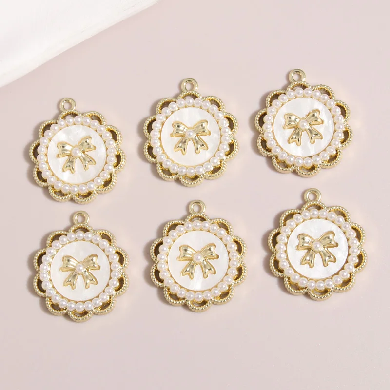 5pcs Gold Color 25.5x22mm Cute Bowknot Pearl Charms Enamel Pendant Fit Necklaces DIY Handmade Jewelry Making Finding Supplies