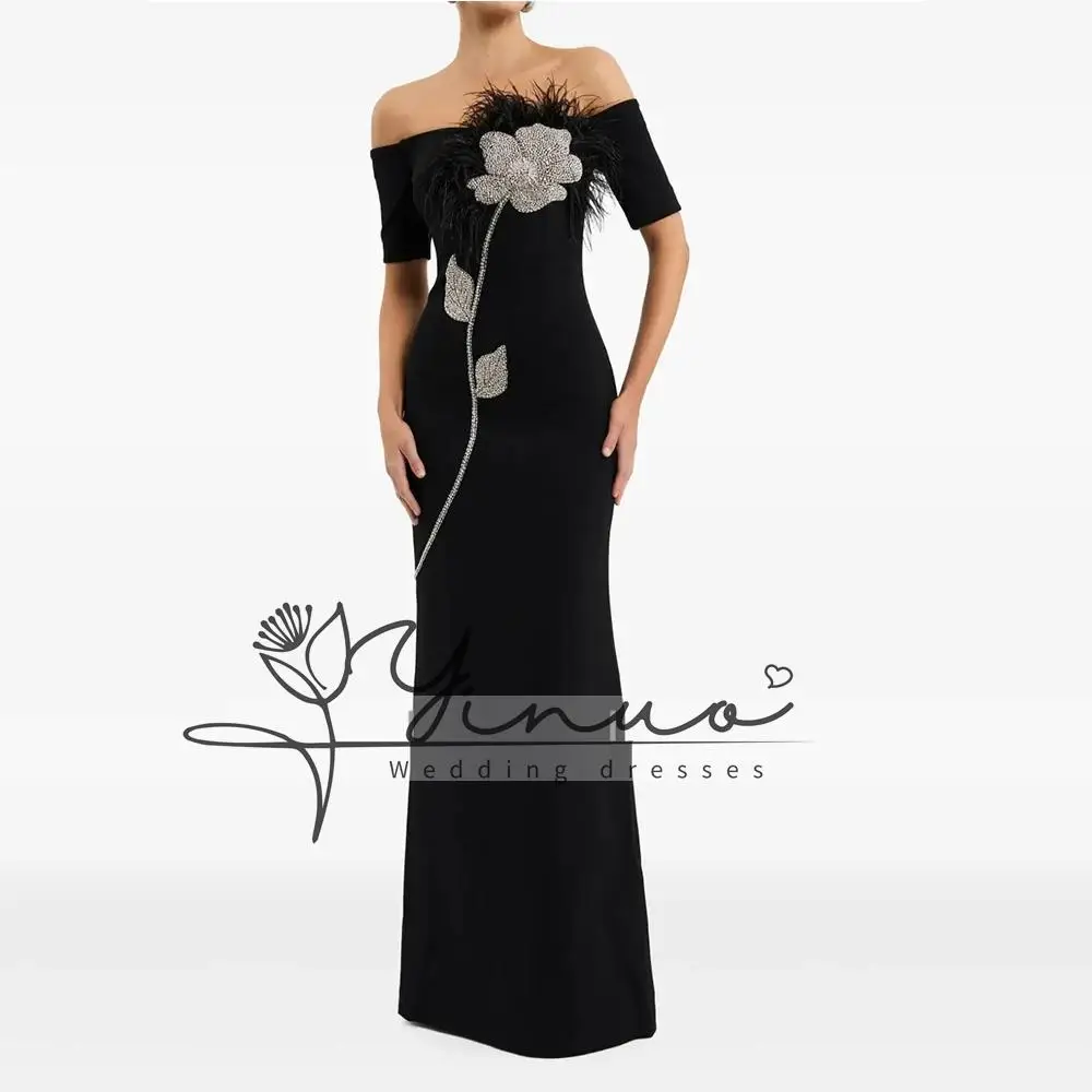 

Черное вечернее платье по индивидуальному заказу для женщин, торжественное вечернее платье длиной до пола, платье в Саудовской Аравии, платье для выпускного вечера с бисером и перьями