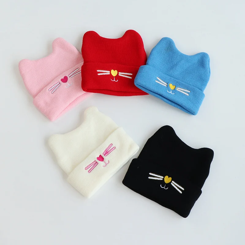 Korean version of cute cat whiskers baby ruffled pullover hat children warm knit wool hat baby ear warmers