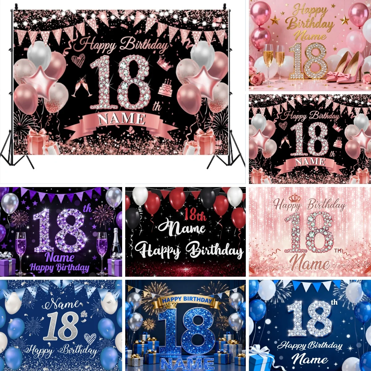 

Customized 18th Birthday Photography Backdrop Customize Name Text Photo Portrait Birthday Party Decoration Photograph Background