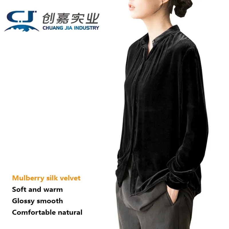 

Spring Summer Natural Silk Velvet Women's Long-sleeved Stand-up Collar Shirt Temperament Elegant Retro Silky High-end Women Wear