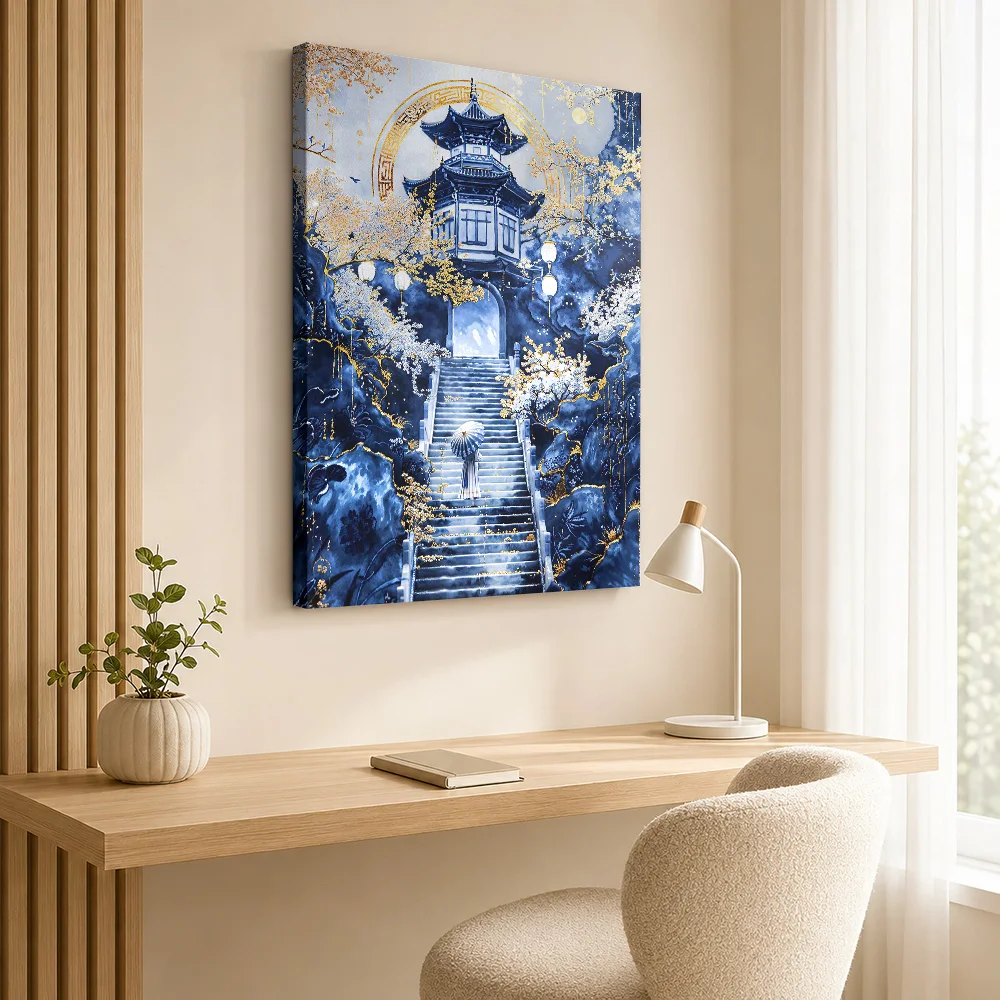 Moonlit Temple Ascent Canvas Print Poster Customized Japanese Inspired Wall Paintings Decoration for Living Room Ready to Hang