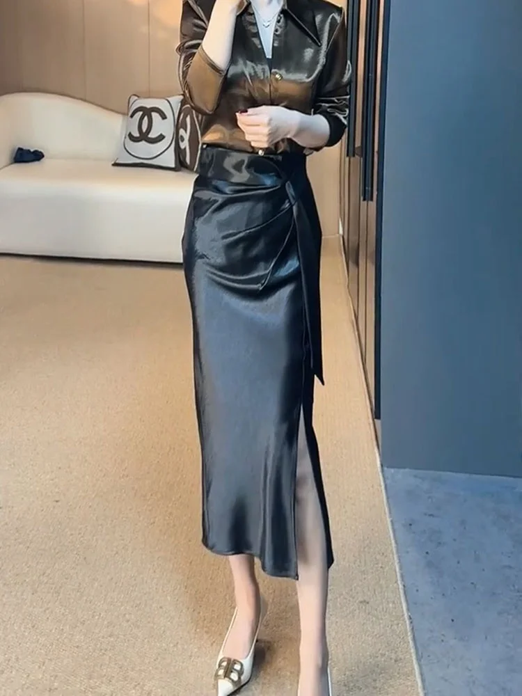 

Elegant Black Asymmetrical Hem Wrap Skirt High Waist Pleated Belted Long Dress Spring 2025 New Design plus Size Women's Skirt