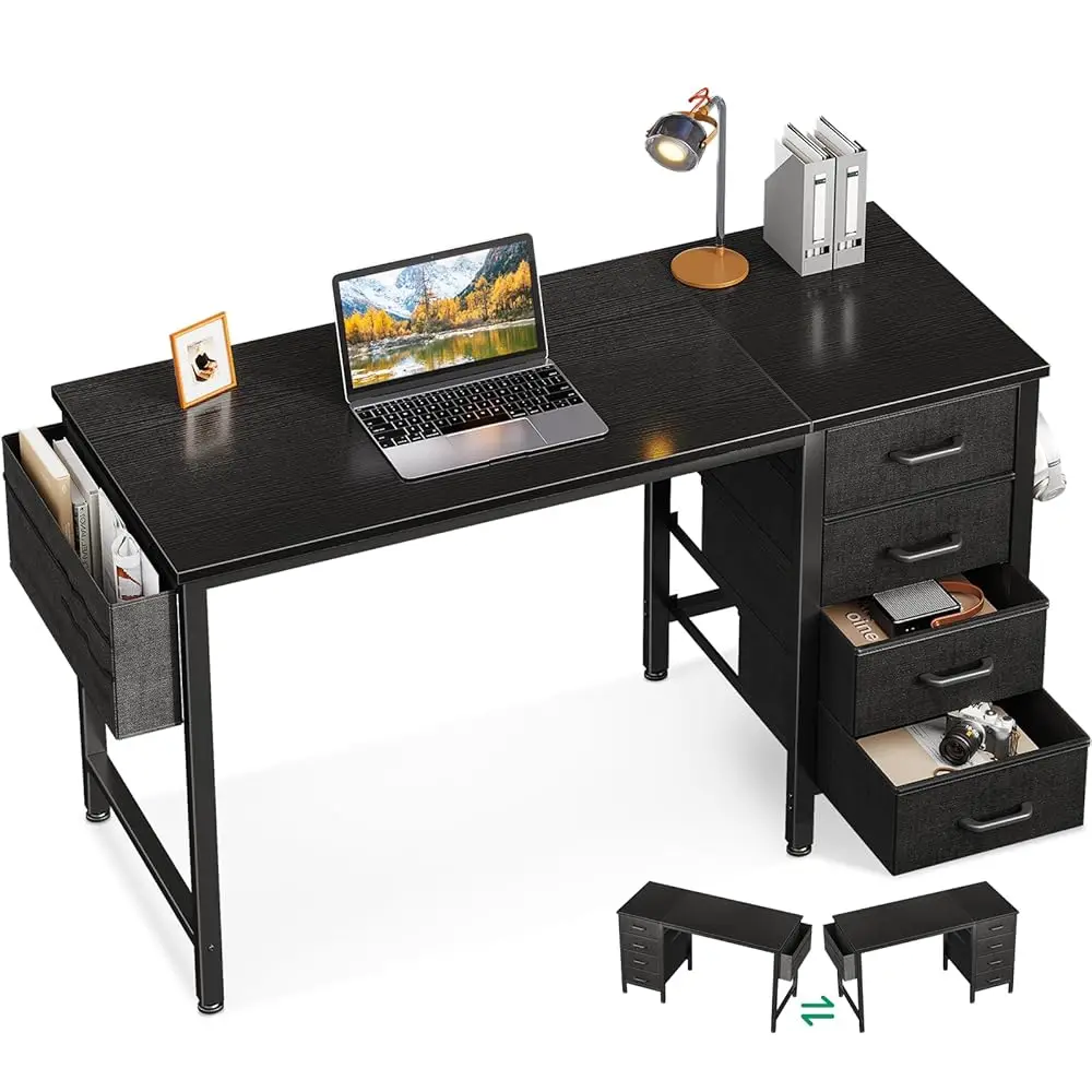 

40-Inch Small Computer Desk With 4 Fabric Drawers — Home Office Desks With Storage, Writing Desk With Side Hook And Cloth Bag,