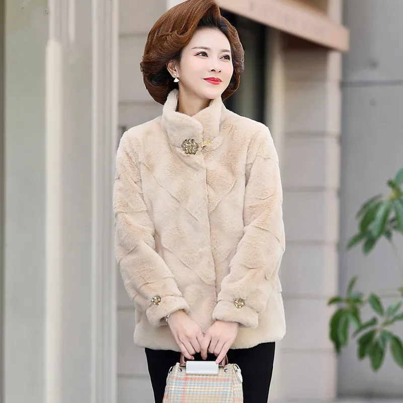 High End Mother Winter Jacket Thick Quilted Short Middle Aged Women Mink Fur Coat Elegant Female Faux Mink Velvet Woolen Outwear