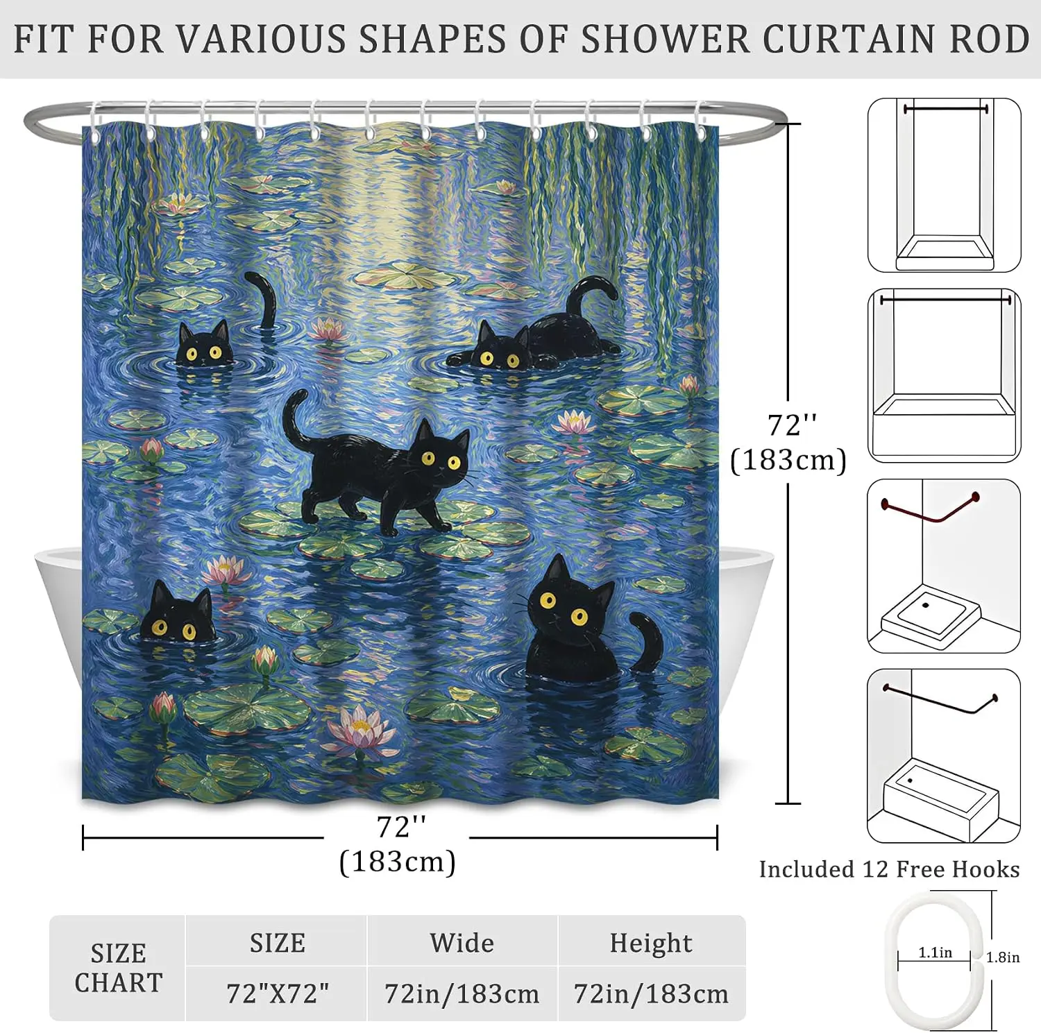 Whimsical Black Cat Lily Pad Pond Shower Curtain Bath Decor Waterproof Art Bathroom Curtain 180x180cm