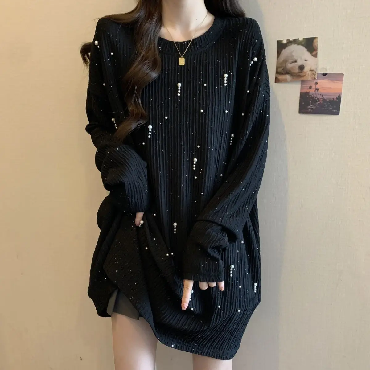 

Fashionable Beaded Long-sleeved T-shirt for Women 2025 Early Autumn New Loose Slim Top