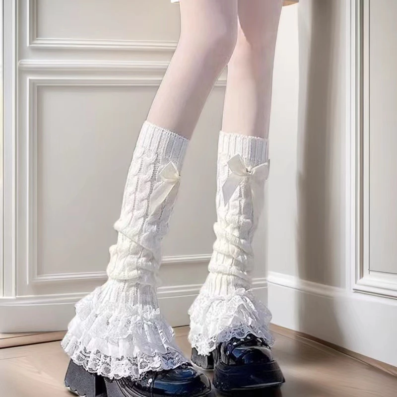 Lolita Winter Ruffled Leg Cover Women's Warm Sweet Bowknot Knit Calf Socks Long Boot Sleeves Foot Cover Accessories