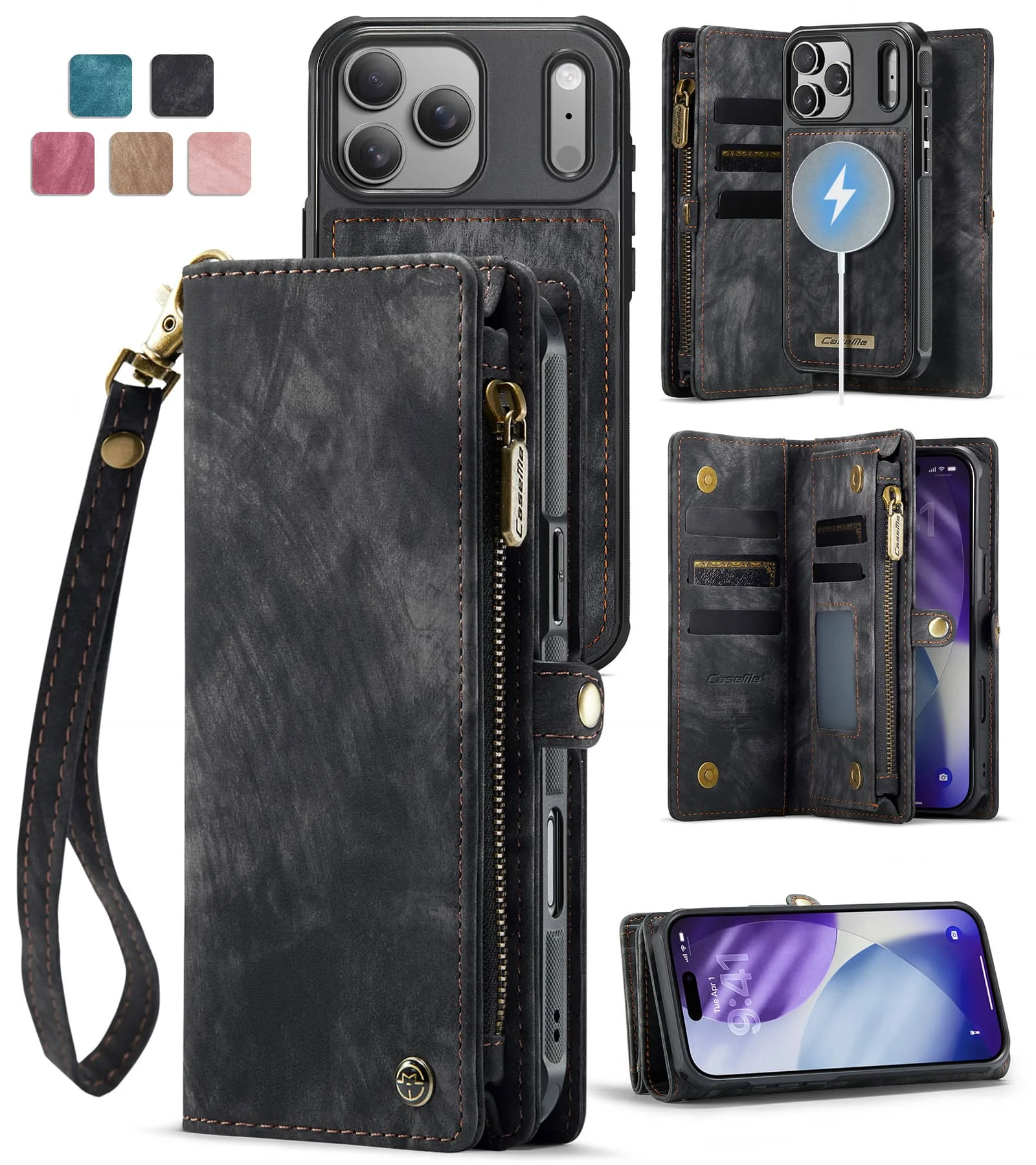 

For iPhone 17 Pro Max Air Magnetic Wallet Case Compatible with Magnetic with RFID Blocking Zipper & Card Holder Strap Detachable