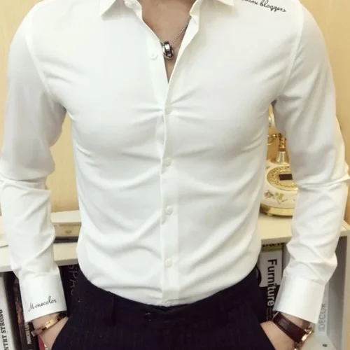 남성용 일반 셔츠 및 블라우스, 긴팔 의류, 머슬 맨 탑, 비즈니스 원피스 셔츠, 칼라, 블랙 슬림핏, 아시아 S XXL