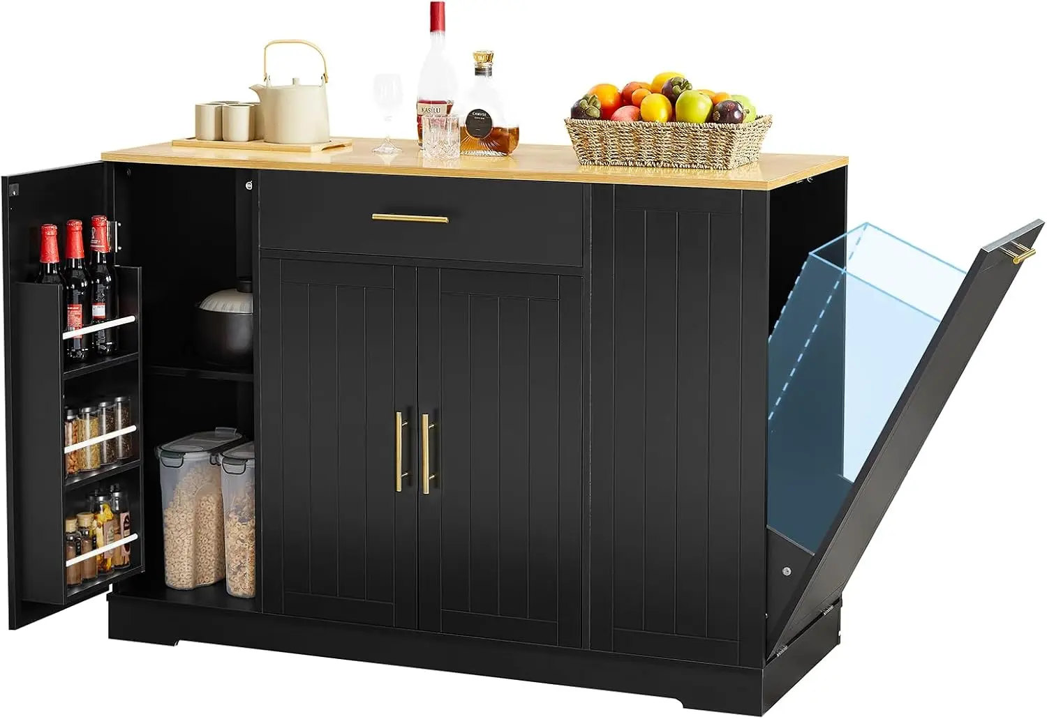 

Черный кухонный остров 53 дюймов с деревянной столешницей, полкой для специй, ящиками и мусорным баком на 10 галлонов.