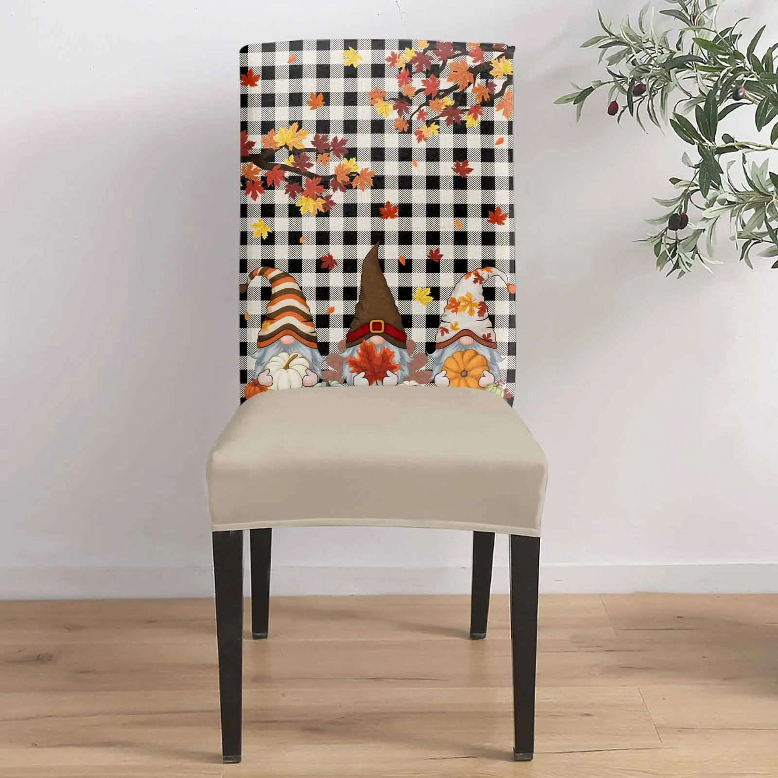 

Black Plaid Maple Leaf Gnome 4/6/8PCS Spandex Elastic Chair Case For Wedding Hotel Banquet Dining Room