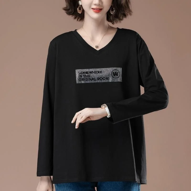 

Long-sleeved T-shirt for Women in Autumn New Loose Middle-aged Mother Pure Cotton Diamond-slimming Base Shirt