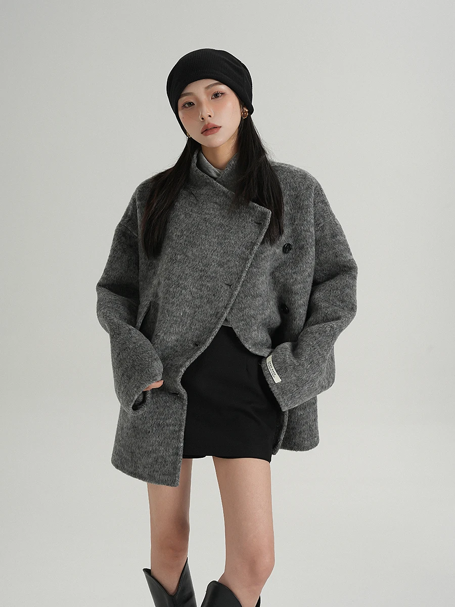 

Ele Double-Sided Woolen Coat SRYSAME Women's Faion Outerwear Winter Thiened Long Sve round Ne Single Button