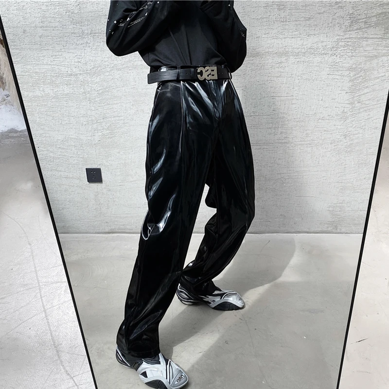 LUZHEN Trendy Elegant Men\'s Glossy Leather Straight Casual Pants High Quality Street Pu Stretch Trousers 2024 Stylish New 5fe326