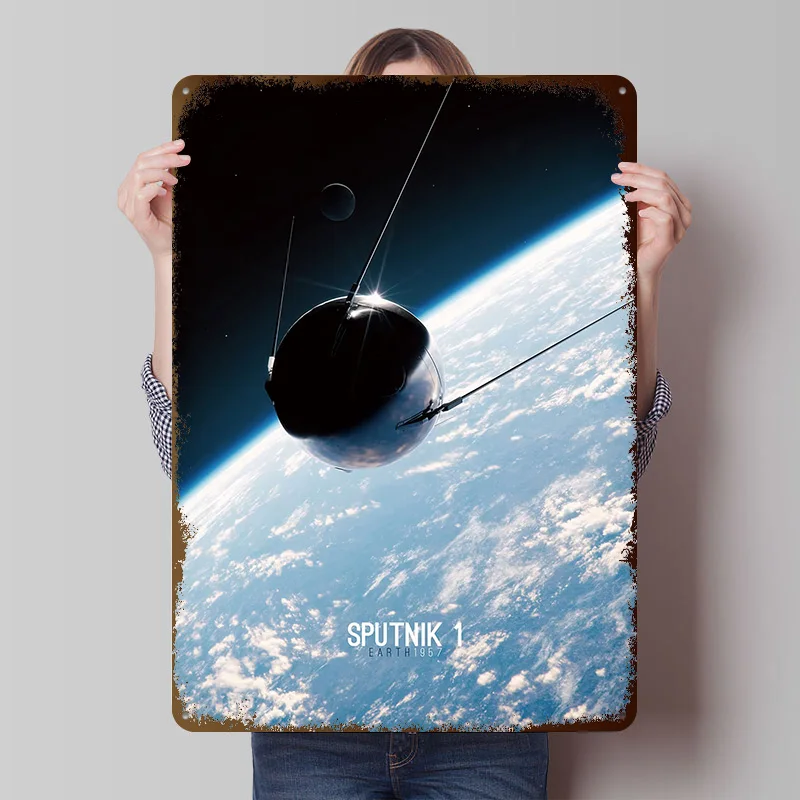 Sputnik 1 - Earth 1957 Tinplate Posters Customizable Wall Art Retro Vintage Metal Signs for Home Room Wand Deko Bar Accessories