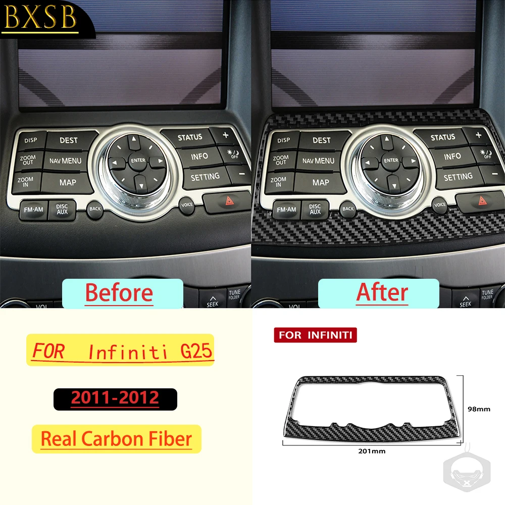 For Infiniti G25 2011–2012Car Center Console Multimedia radio station Panel Trim Real Carbon Fiber Interior Accessories Sticker