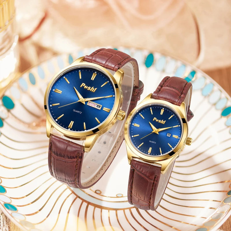 POSHI Couple Watch Luxury Fashion Quartz Wrsitwatch Leather Strap Date Week Display Lover's Clock Best Gift With Box